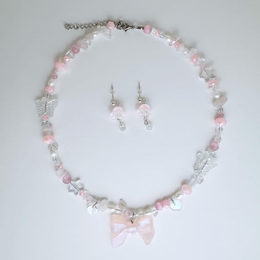 Coquette Ribbon Necklace with Earring set (Pink)